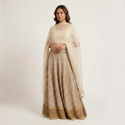 Sanskriti Vintage Golden Stitched Lehenga Indian Hand Embroidered Zardozi Zari
