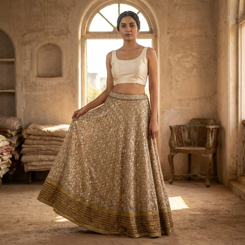 Sanskriti Vintage Golden Stitched Lehenga Indian Hand Embroidered Zardozi Zari