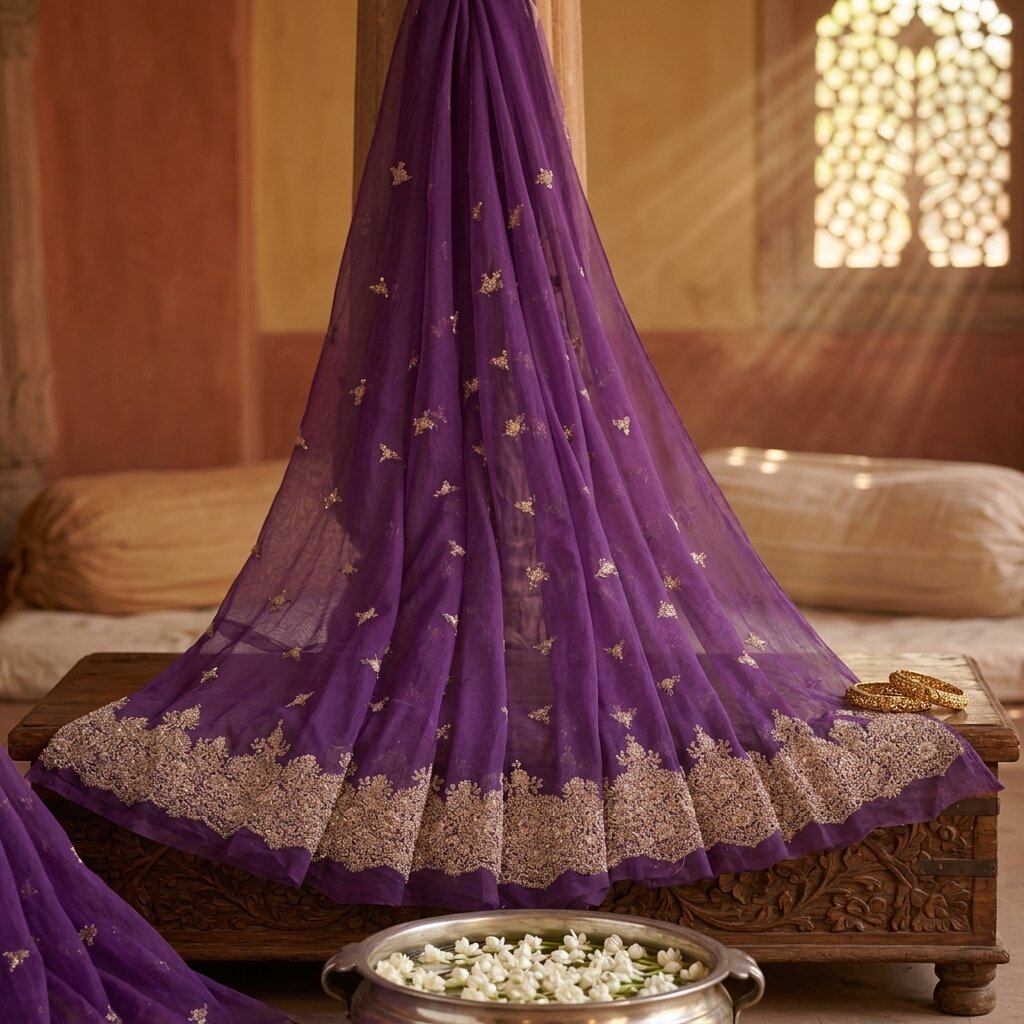 Sanskriti New Purple Net Unstitched Lehenga Hand Embroidered Zardozi Wedding