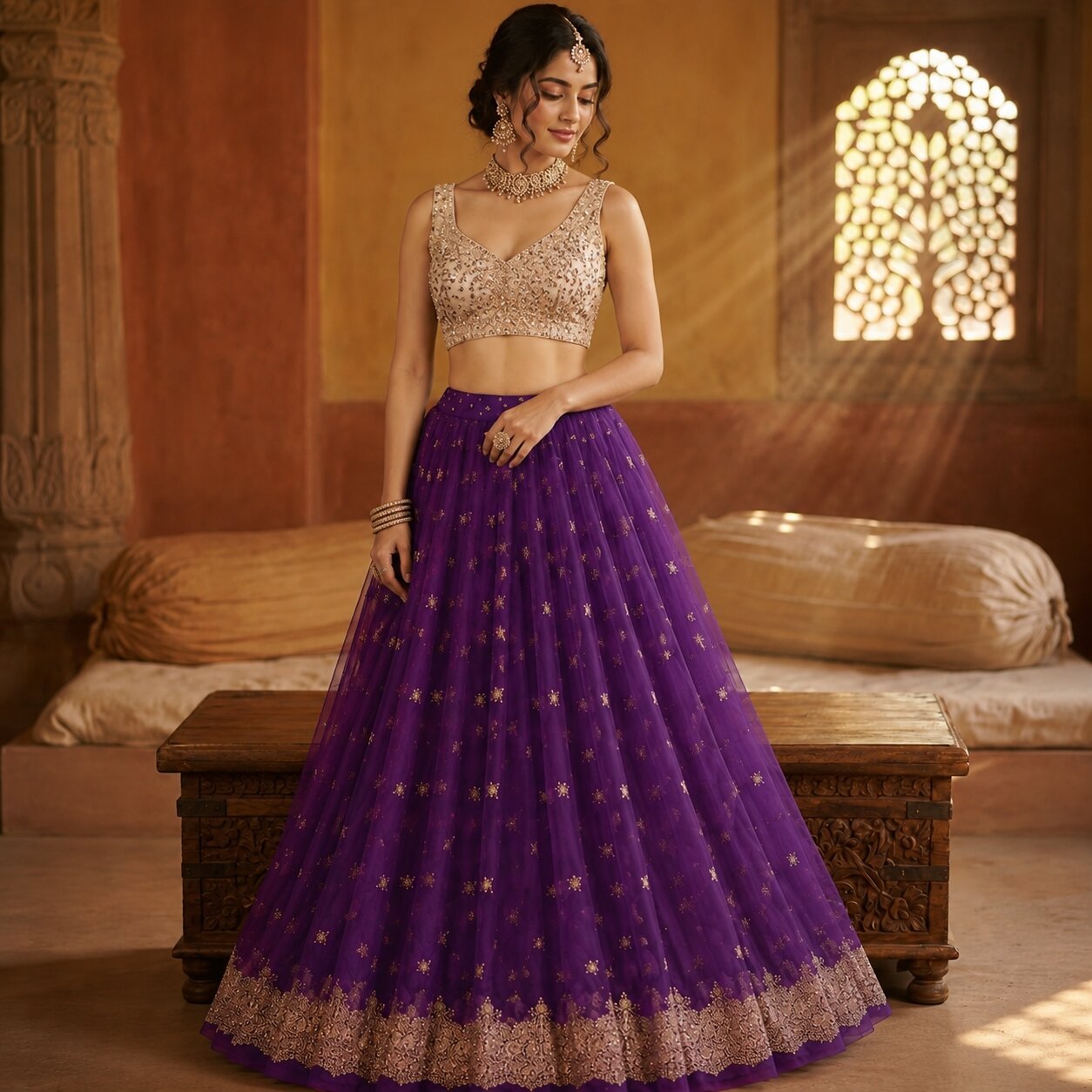 Sanskriti New Purple Net Unstitched Lehenga Hand Embroidered Zardozi Wedding