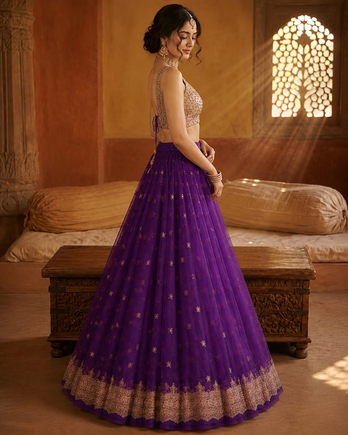 Sanskriti New Purple Net Unstitched Lehenga Hand Embroidered Zardozi Wedding
