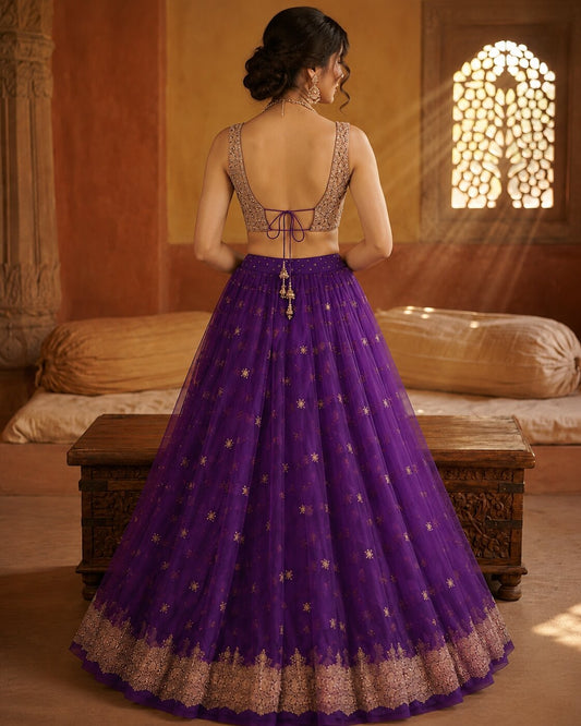 Sanskriti New Purple Net Unstitched Lehenga Hand Embroidered Zardozi Wedding