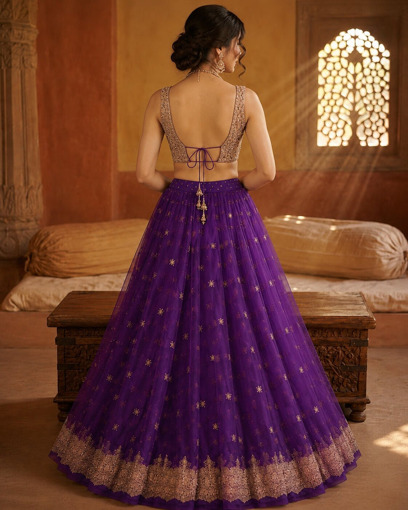 Sanskriti New Purple Net Unstitched Lehenga Hand Embroidered Zardozi Wedding