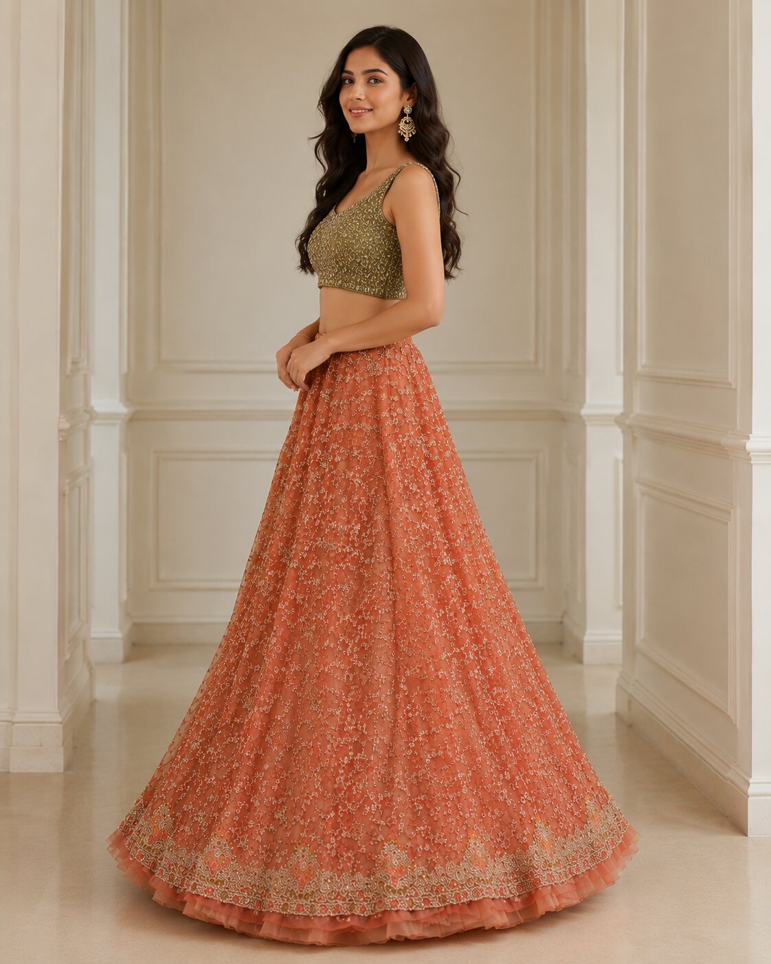Sanskriti New Red Net Mesh Unstitched Lehenga Premium Hand Embroidered Zardozi