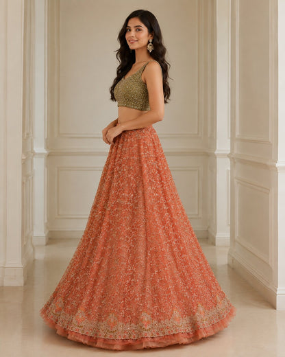 Sanskriti New Red Net Mesh Unstitched Lehenga Premium Hand Embroidered Zardozi