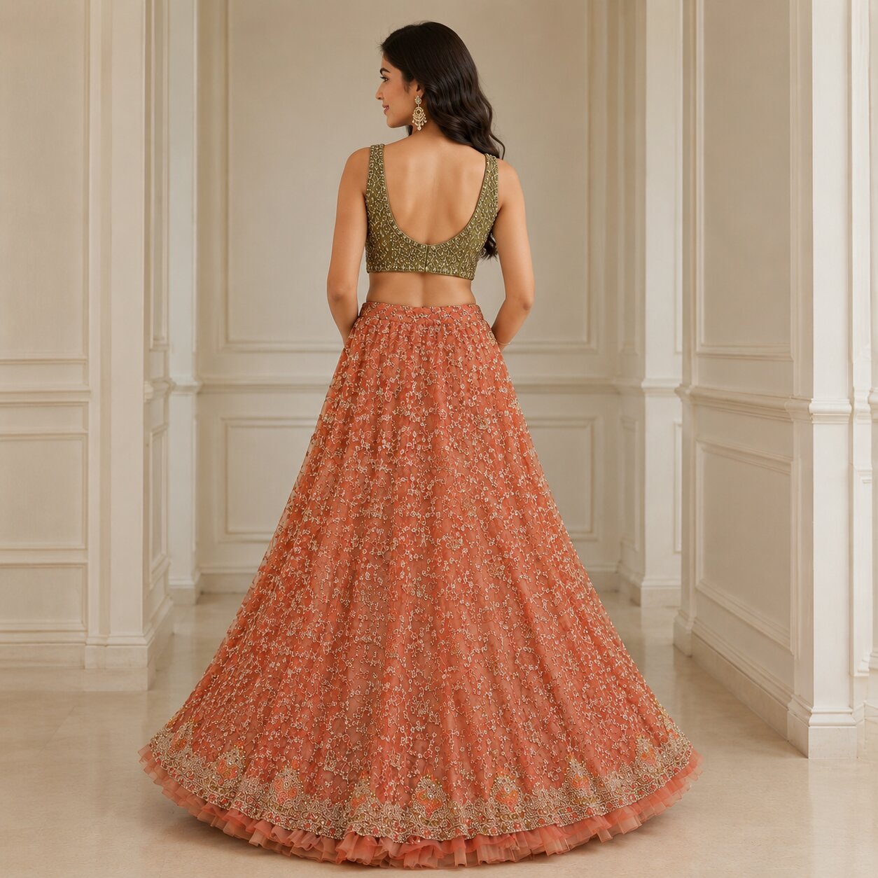 Sanskriti New Red Net Mesh Unstitched Lehenga Premium Hand Embroidered Zardozi