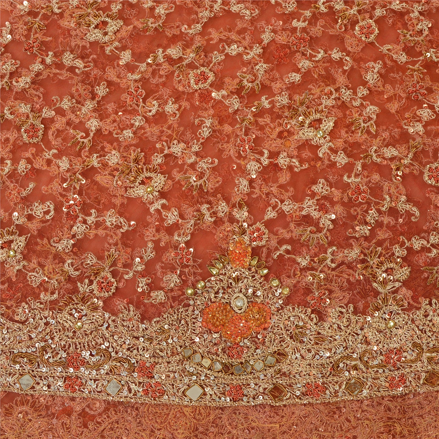 Sanskriti New Red Net Mesh Unstitched Lehenga Premium Hand Embroidered Zardozi