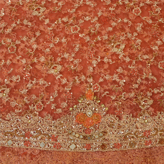 Sanskriti New Red Net Mesh Unstitched Lehenga Premium Hand Embroidered Zardozi