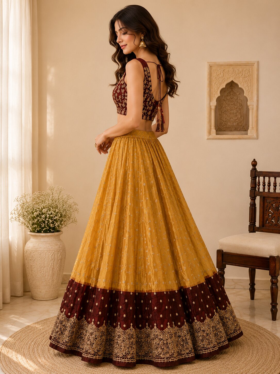 Sanskriti Vintage Golden Net Stitched Lehenga Wedding Hand Embroidery Zardozi