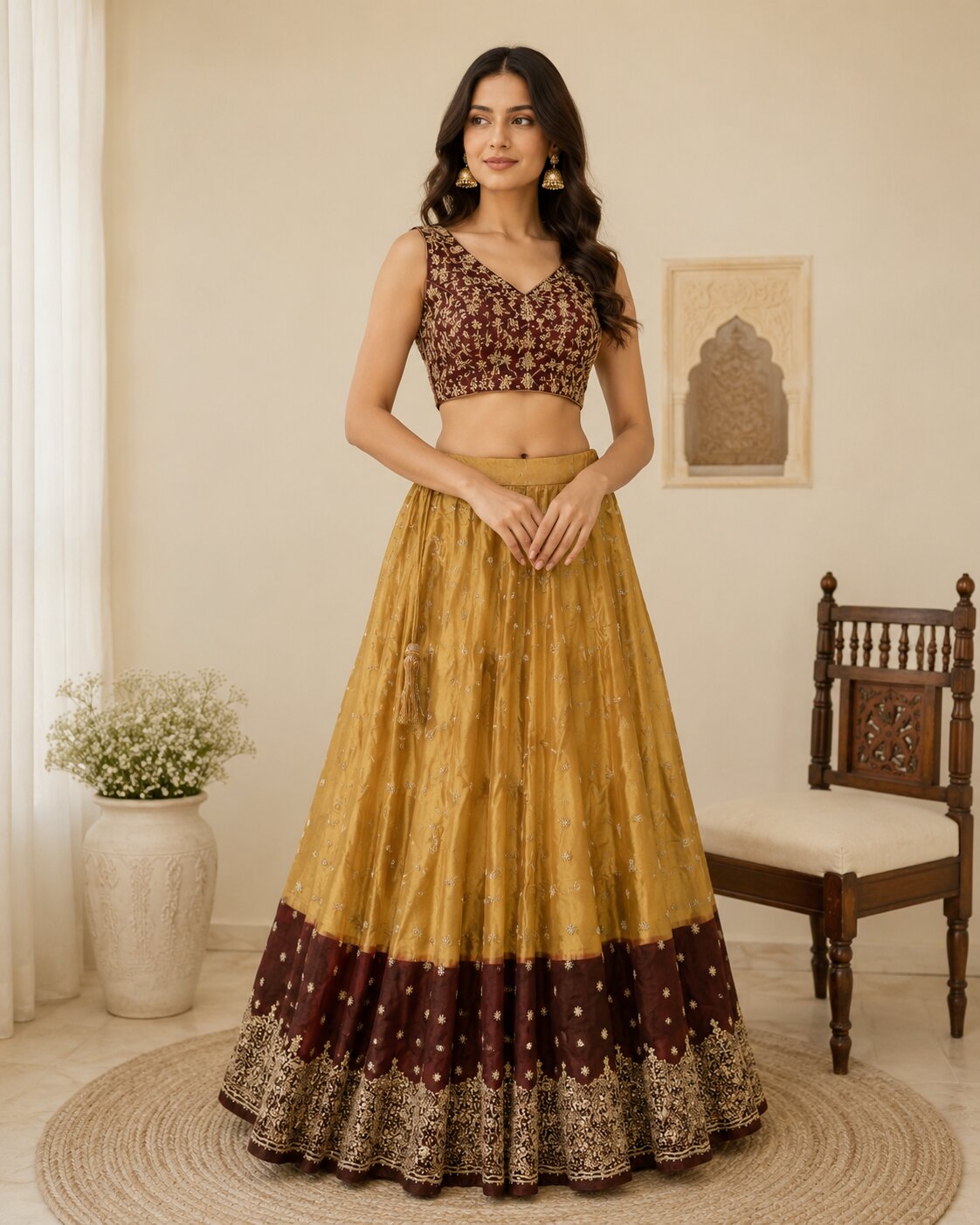 Sanskriti Vintage Golden Net Stitched Lehenga Wedding Hand Embroidery Zardozi