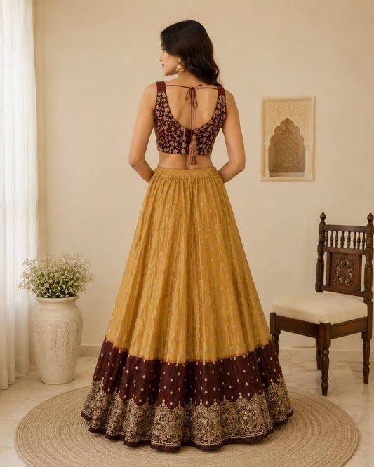 Sanskriti Vintage Golden Net Stitched Lehenga Wedding Hand Embroidery Zardozi