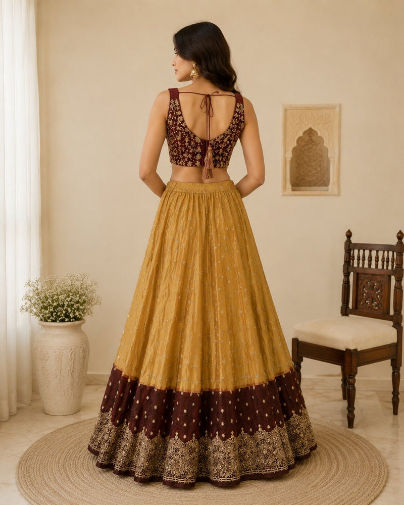 Sanskriti Vintage Golden Net Stitched Lehenga Wedding Hand Embroidery Zardozi