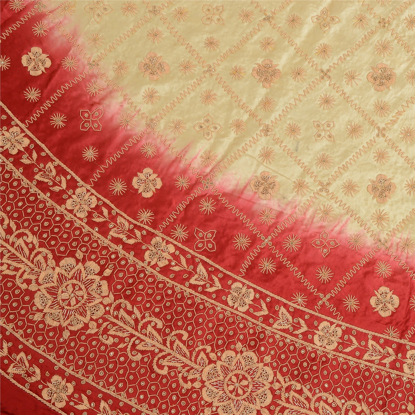 Sanskriti New Golden-Red Pure Silk Unstitched Lehenga Hand Embroidered Zardozi