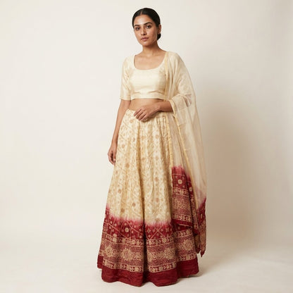 Sanskriti New Golden-Red Pure Silk Unstitched Lehenga Hand Embroidered Zardozi