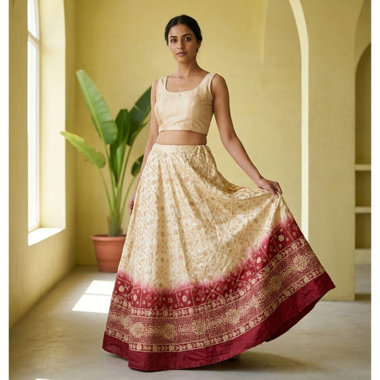 Sanskriti New Golden-Red Pure Silk Unstitched Lehenga Hand Embroidered Zardozi