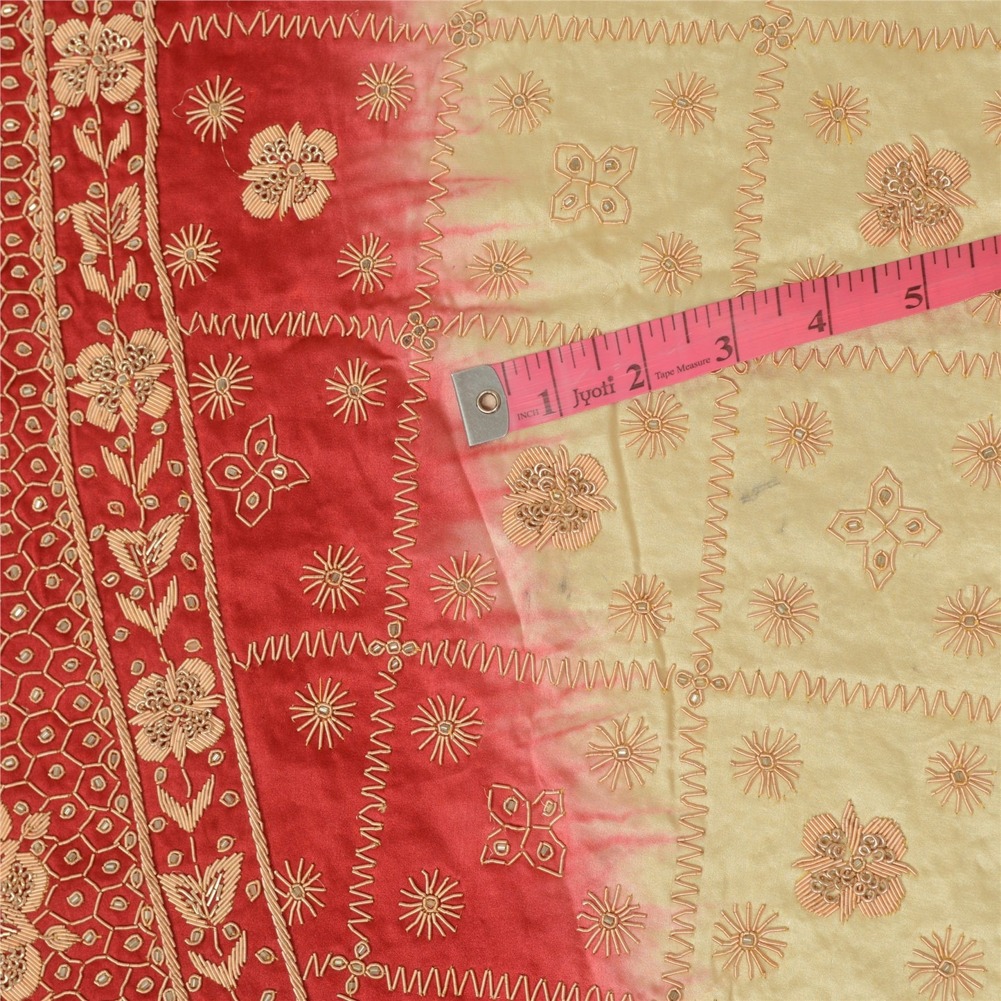 Sanskriti New Golden-Red Pure Silk Unstitched Lehenga Hand Embroidered Zardozi
