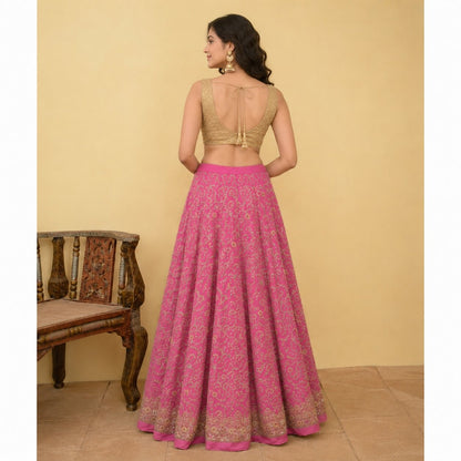 Sanskriti New Pink Pure Silk Unstitched Lehenga Hand Embroidered Zardozi Zircon