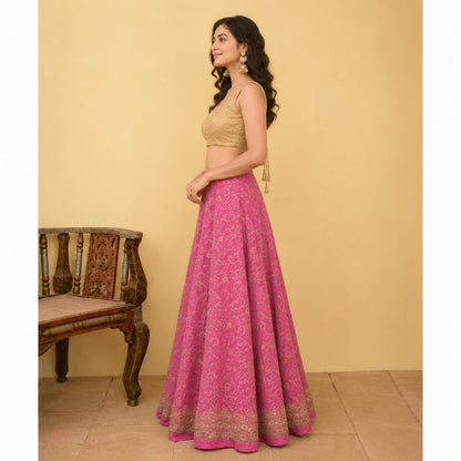 Sanskriti New Pink Pure Silk Unstitched Lehenga Hand Embroidered Zardozi Zircon