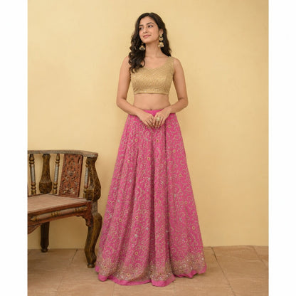 Sanskriti New Pink Pure Silk Unstitched Lehenga Hand Embroidered Zardozi Zircon