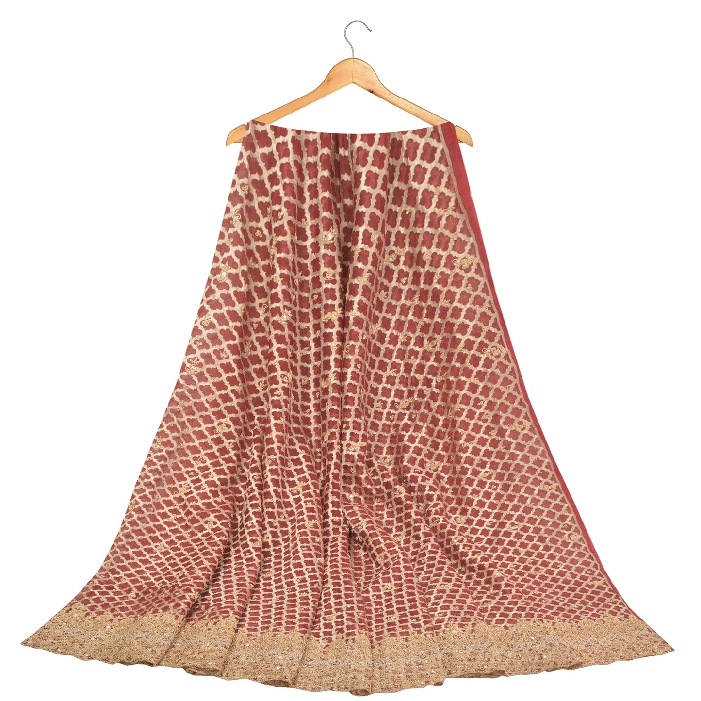 Sanskriti New Red Organza Unstitched Lehenga Hand Embroidered Zardozi Gota Patti