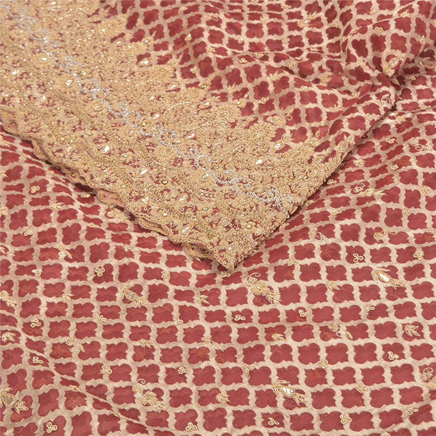 Sanskriti New Red Organza Unstitched Lehenga Hand Embroidered Zardozi Gota Patti