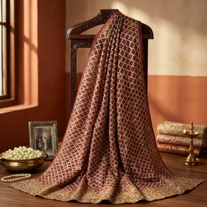 Sanskriti New Red Organza Unstitched Lehenga Hand Embroidered Zardozi Gota Patti