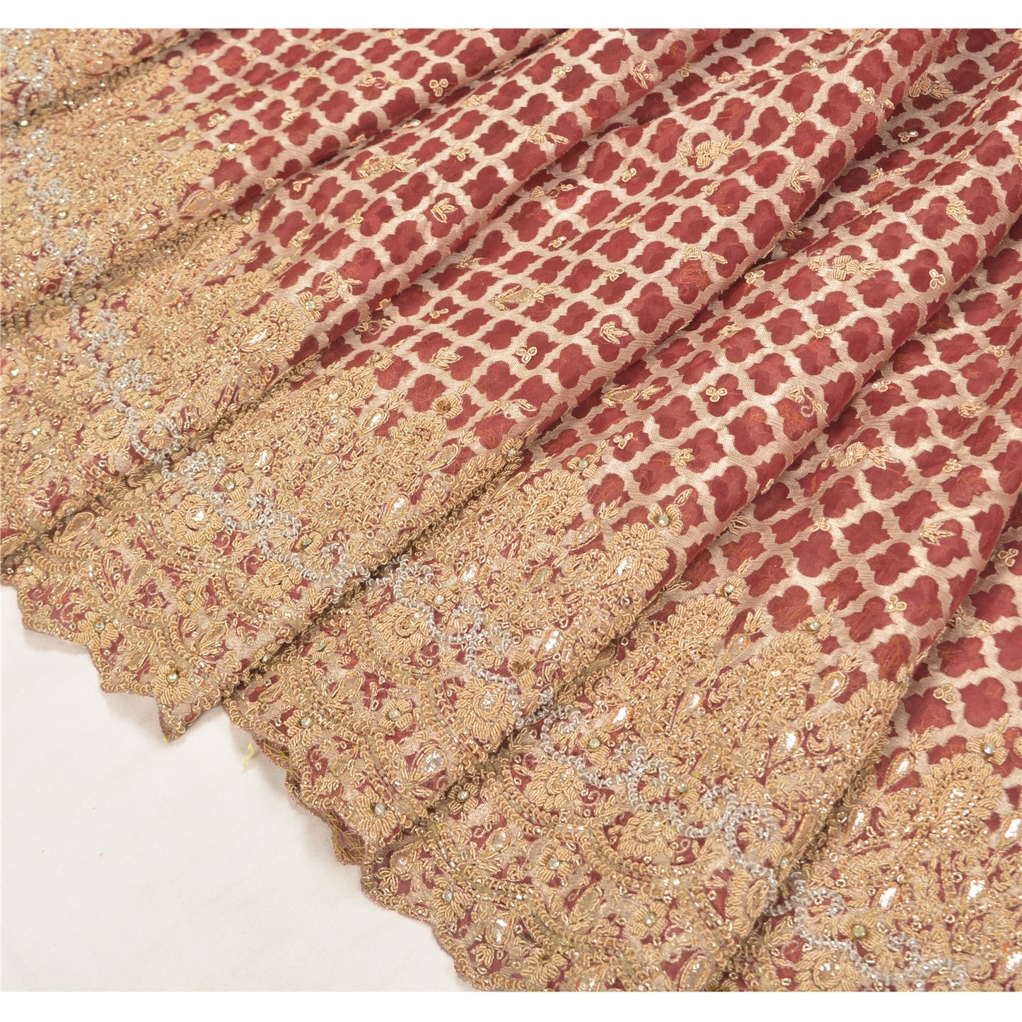 Sanskriti New Red Organza Unstitched Lehenga Hand Embroidered Zardozi Gota Patti
