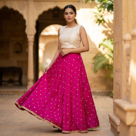 Sanskriti New Pink Pure Silk Unstitched Wedding Lehenga Hand Embroidered Zardozi