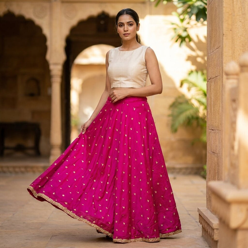 Sanskriti New Pink Pure Silk Unstitched Wedding Lehenga Hand Embroidered Zardozi