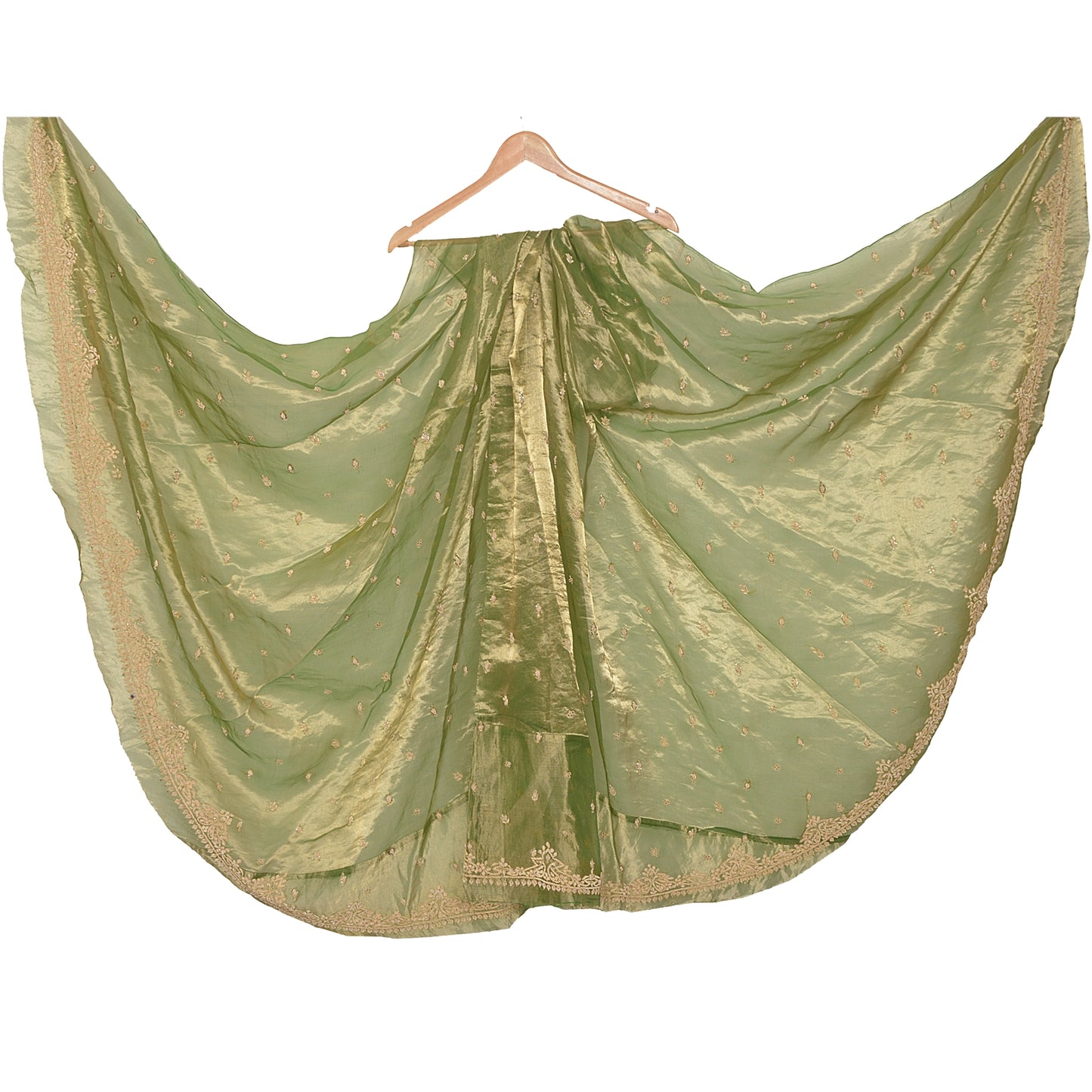 Sanskriti New Green Pure Tissue Silk Unstitched Lehenga Hand Embroidered Zardozi
