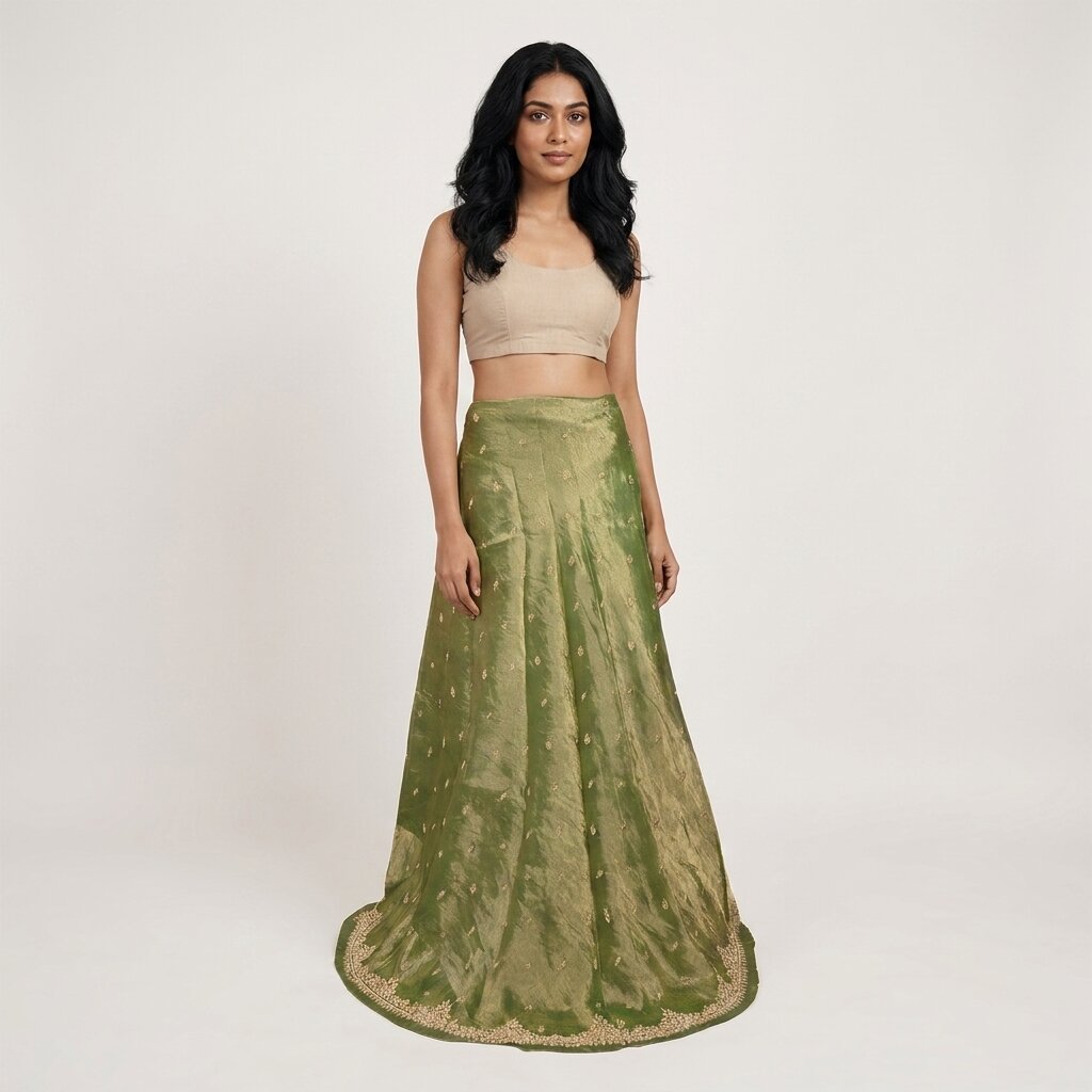Sanskriti New Green Pure Tissue Silk Unstitched Lehenga Hand Embroidered Zardozi