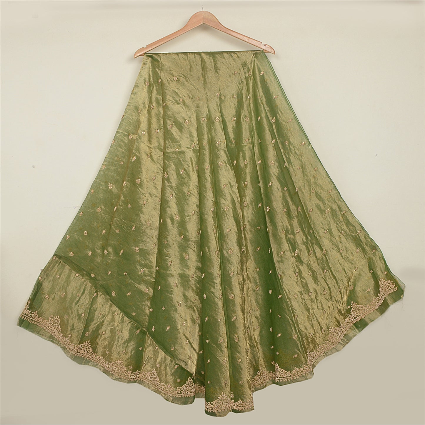 Sanskriti New Green Pure Tissue Silk Unstitched Lehenga Hand Embroidered Zardozi