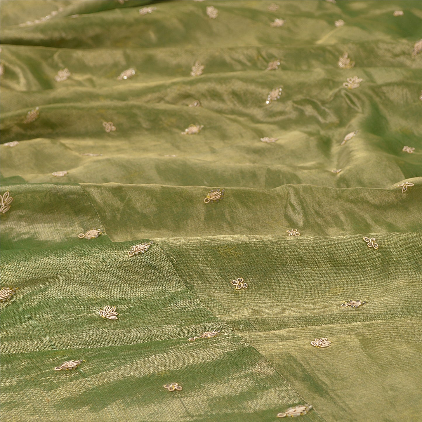 Sanskriti New Green Pure Tissue Silk Unstitched Lehenga Hand Embroidered Zardozi