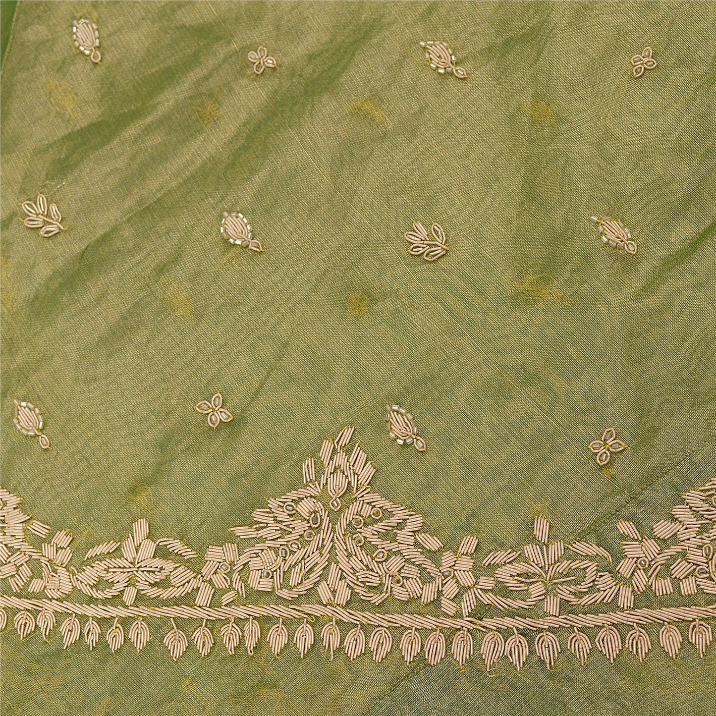 Sanskriti New Green Pure Tissue Silk Unstitched Lehenga Hand Embroidered Zardozi