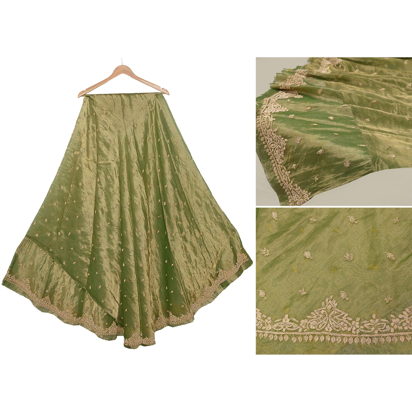 Sanskriti New Green Pure Tissue Silk Unstitched Lehenga Hand Embroidered Zardozi