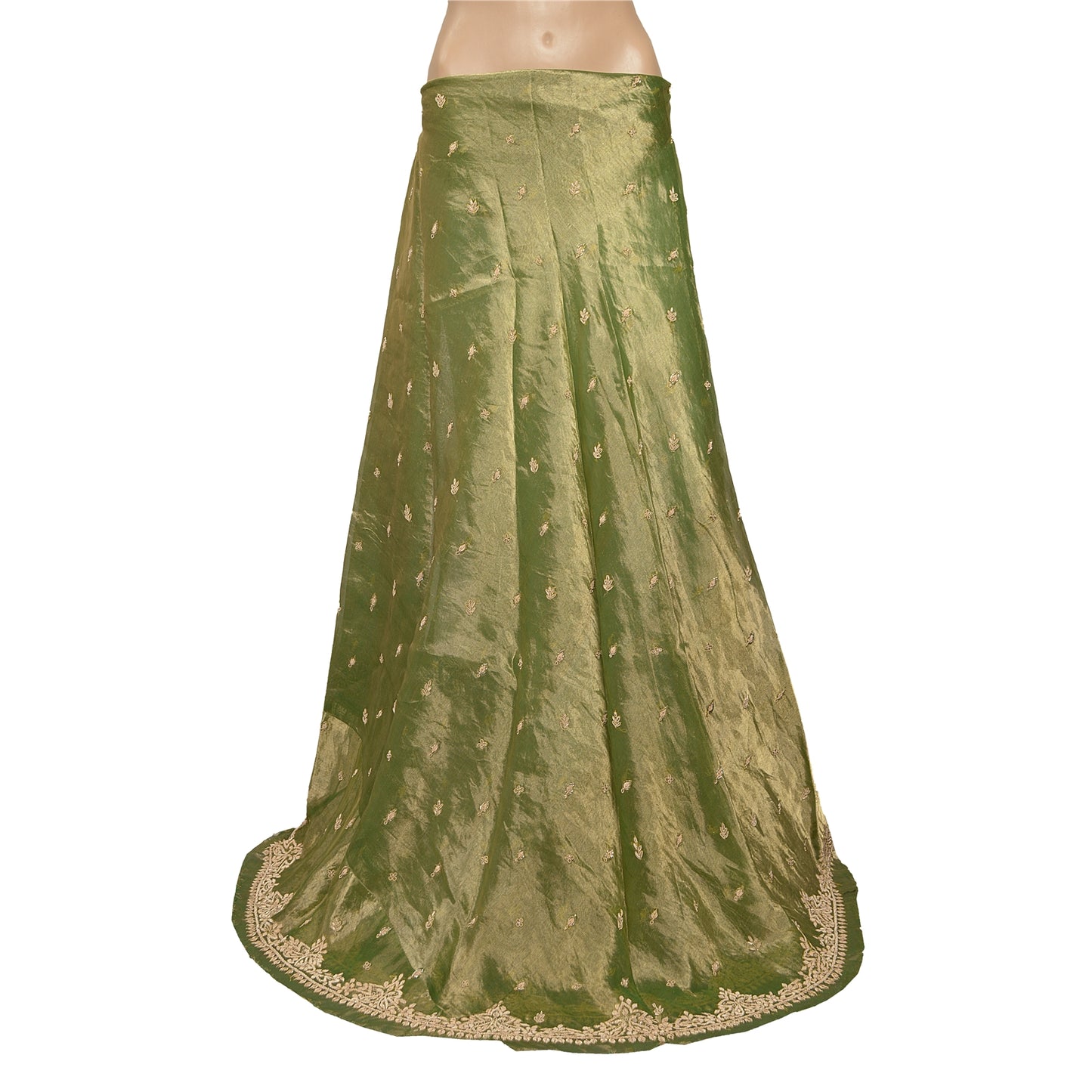 Sanskriti New Green Pure Tissue Silk Unstitched Lehenga Hand Embroidered Zardozi