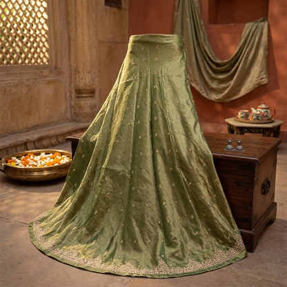 Sanskriti New Green Pure Tissue Silk Unstitched Lehenga Hand Embroidered Zardozi