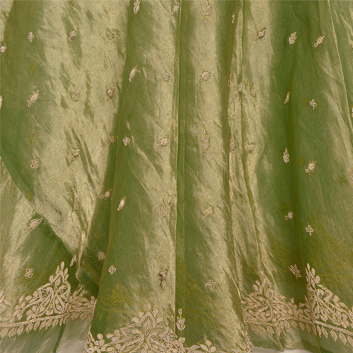 Sanskriti New Green Pure Tissue Silk Unstitched Lehenga Hand Embroidered Zardozi