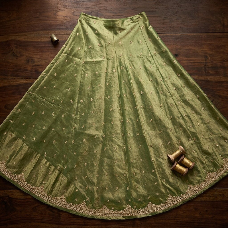 Sanskriti New Green Pure Tissue Silk Unstitched Lehenga Hand Embroidered Zardozi