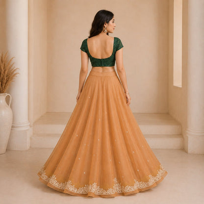 Sanskriti New Brown Net Mesh Unstitched Lehenga Hand Embroidered Zardozi Wedding