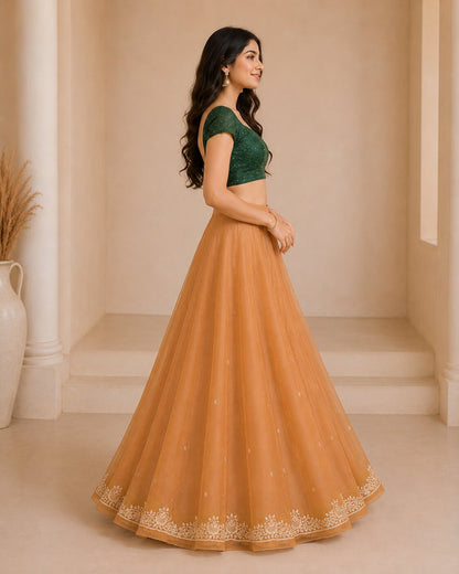 Sanskriti New Brown Net Mesh Unstitched Lehenga Hand Embroidered Zardozi Wedding
