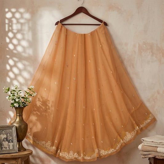 Sanskriti New Brown Net Mesh Unstitched Lehenga Hand Embroidered Zardozi Wedding