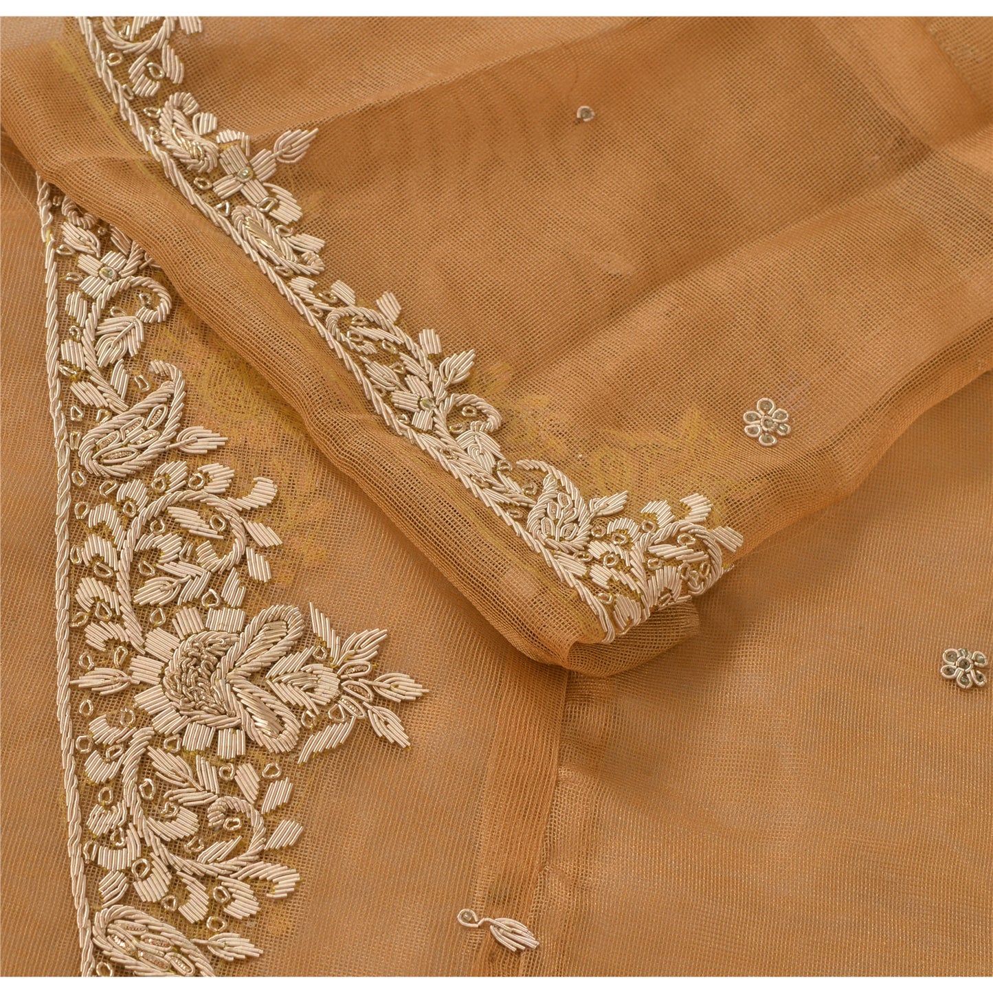 Sanskriti New Brown Net Mesh Unstitched Lehenga Hand Embroidered Zardozi Wedding