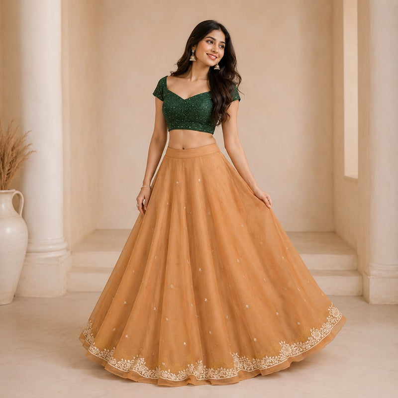 Sanskriti New Brown Net Mesh Unstitched Lehenga Hand Embroidered Zardozi Wedding
