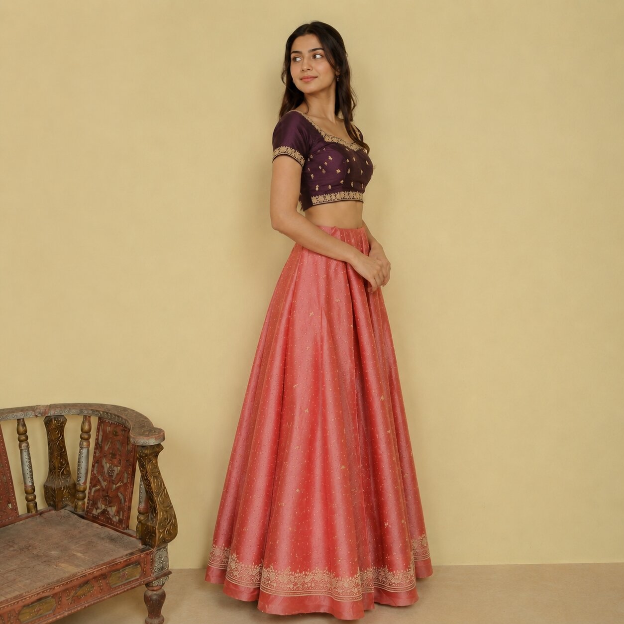 Sanskriti New Peach Tissue Silk Unstitch Lehenga Indian Hand Embroidered Zardozi