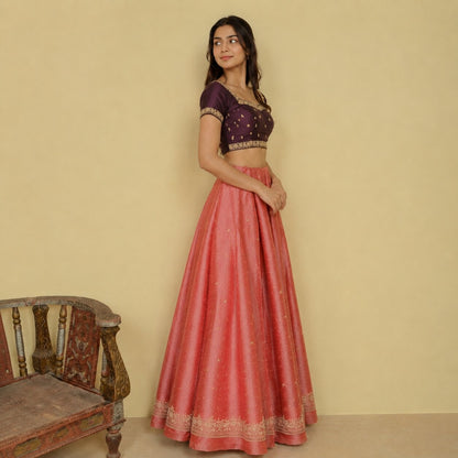 Sanskriti New Peach Tissue Silk Unstitch Lehenga Indian Hand Embroidered Zardozi