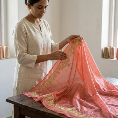 Sanskriti New Peach Tissue Silk Unstitch Lehenga Indian Hand Embroidered Zardozi