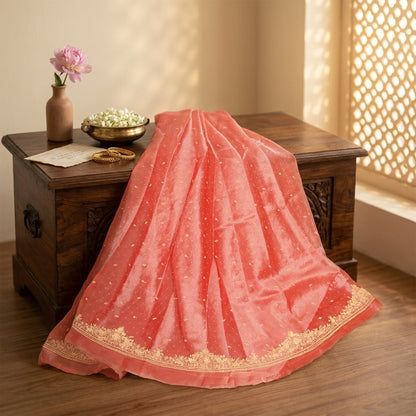 Sanskriti New Peach Tissue Silk Unstitch Lehenga Indian Hand Embroidered Zardozi