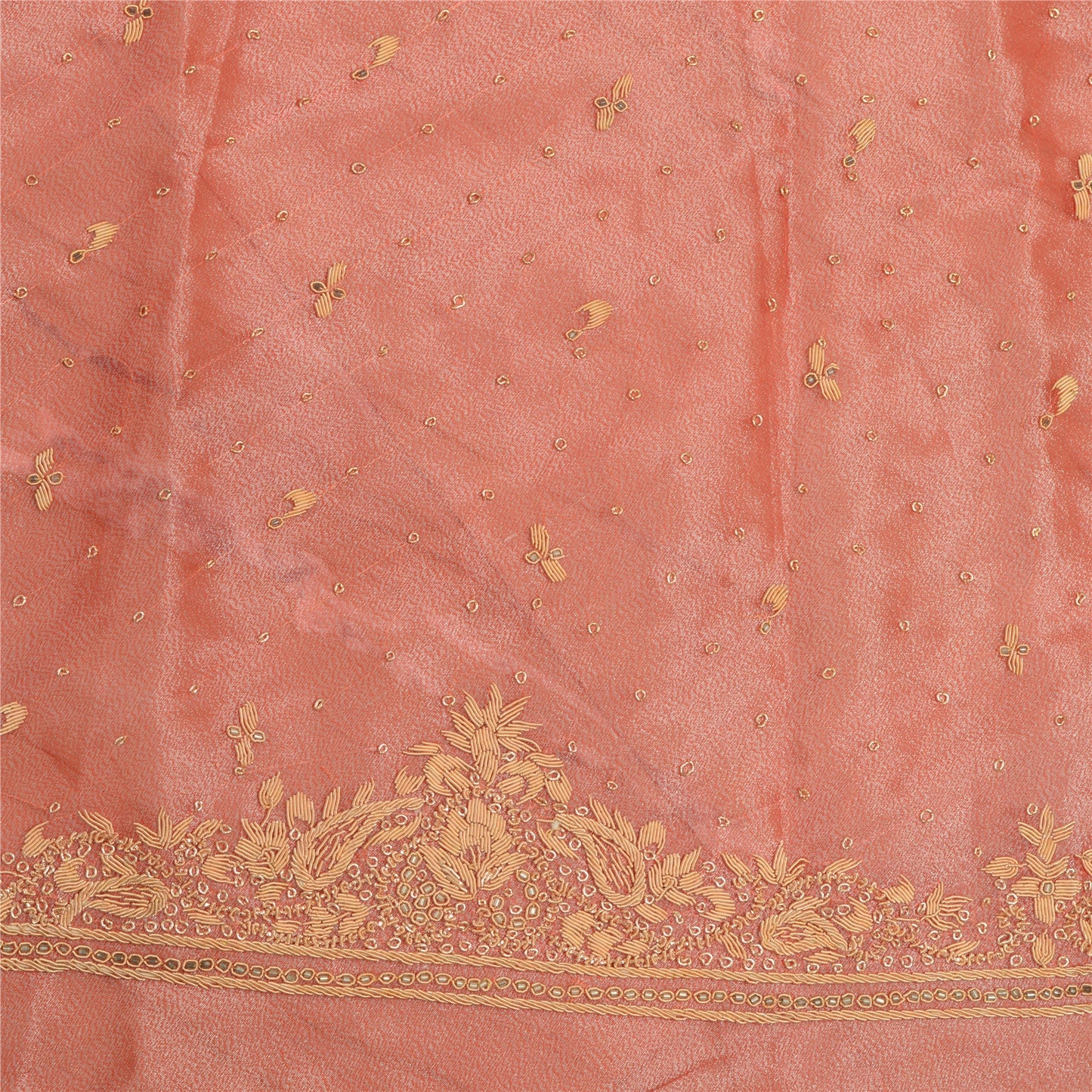 Sanskriti New Peach Tissue Silk Unstitch Lehenga Indian Hand Embroidered Zardozi