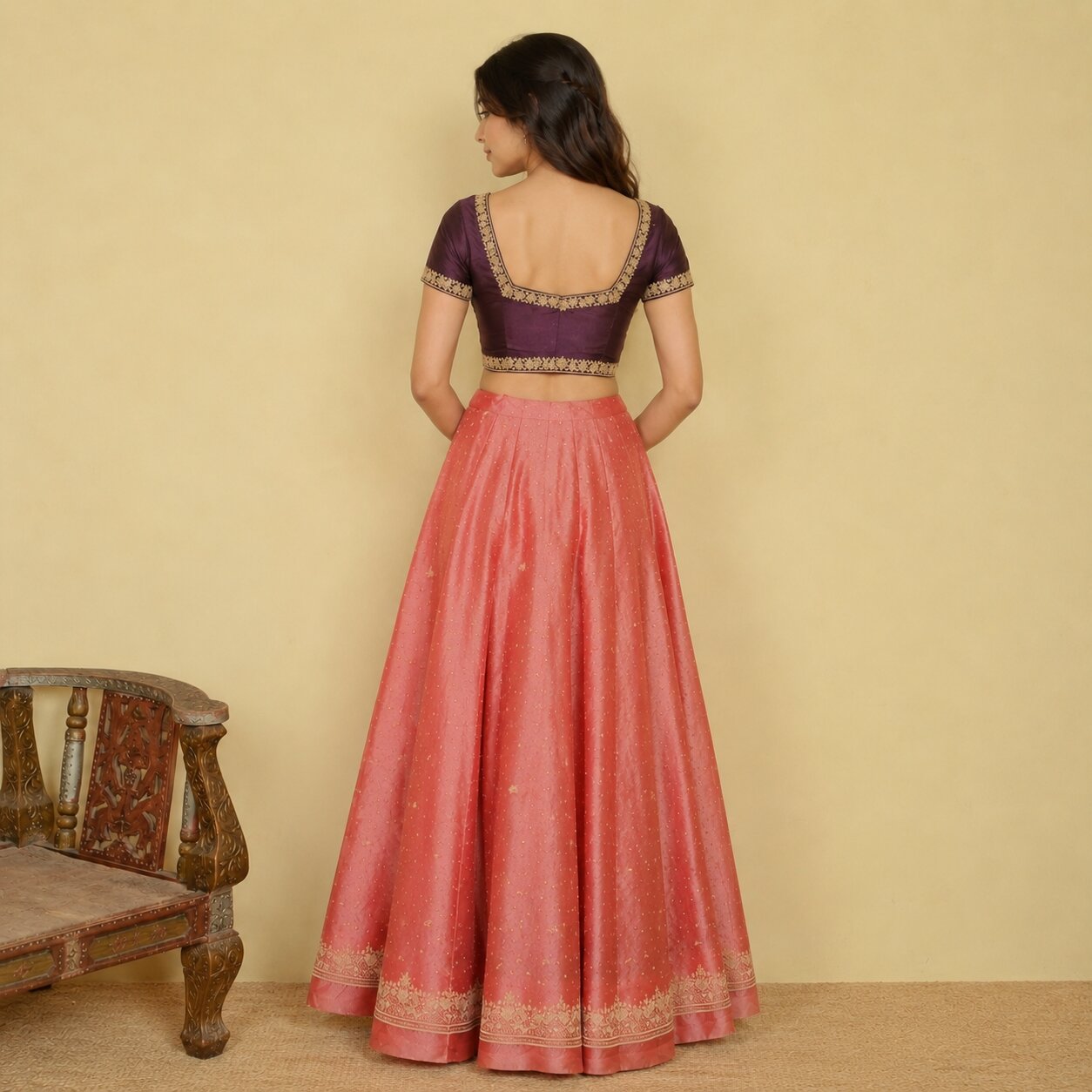 Sanskriti New Peach Tissue Silk Unstitch Lehenga Indian Hand Embroidered Zardozi